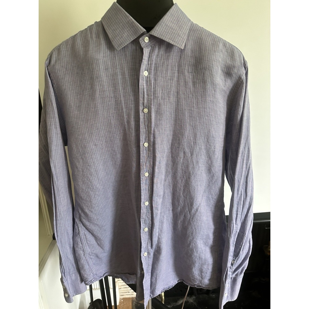 Thomas Pink Slim Fit Shirt Men's 16.5 42 Purple Linen Cotton Blend Seasonal